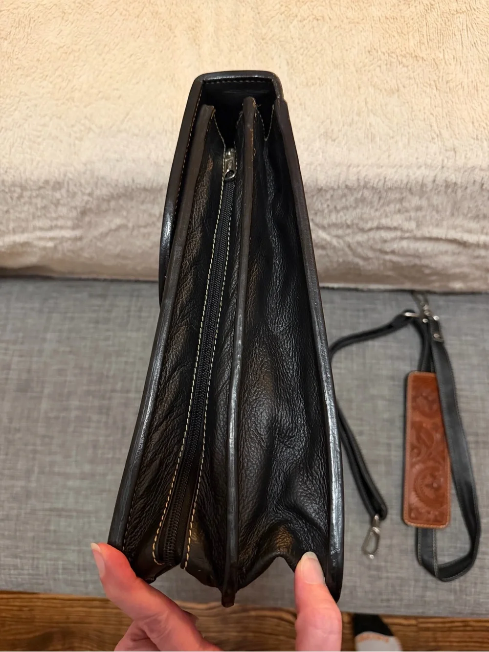 Premium Tooled Leather Crossbody Briefcase - Brown